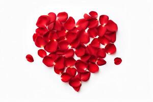 Red rose petals arranged in a heart shape on a white background. photo
