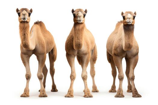 A group of three camels standing in a row, isolated on a white background. The camels are all facing the camera and are in focus. The camels are all tan and have brown fur. photo