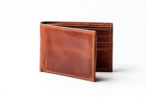 A brown leather bifold wallet with a worn, vintage look. The wallet is slightly open, showing a glimpse of the interior. photo