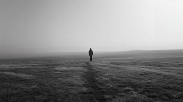A lone figure walks through a field of wheat. The path is long and difficult, but the figure keeps going. photo