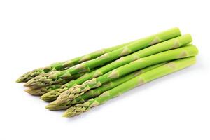 A photo of a bunch of green asparagus on a white background.