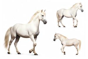 A white horse with a long flowing mane and tail. The horse is standing in a proud and majestic pose. The background is white. photo