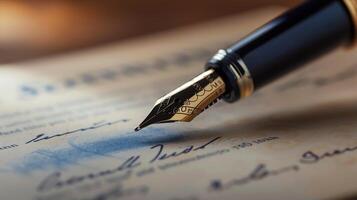 A fountain pen with a gold nib is poised over a document, ready to sign photo