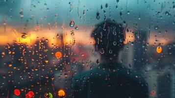 A solitary figure stands at the window, gazing out at the rain-streaked city below photo
