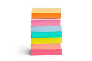 Stack of colorful sticky notes, fanned out to display colors, perfectly isolated on a white background, in for clear visuals. photo