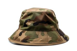 Bucket hat, camouflage pattern, casual style, slightly angled view, isolated on a white background, in for diverse use. photo