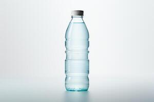 Generate an image of a single plastic water bottle with a white background. The bottle should be in focus and centered in the frame. The bottle should be half-full of water. photo