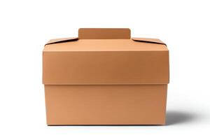 A brown cardboard take-out container with a blank label. The container is sitting on a white background. photo
