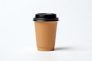 Generate a high-quality image of a brown coffee cup with a black lid on a white background photo
