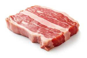 Single raw bacon slice, detailed meat and fat layers visible, isolated on a white background, highquality for food projects. photo