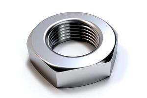 3D rendering of a shiny metal nut on a white background. photo