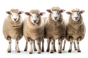 Four sheep standing in a row against a white background. photo