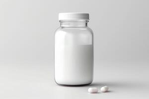 A photo of a bottle of pills. The bottle is made of glass and is white. The pills are white and there are two of them. The bottle is half full of pills.