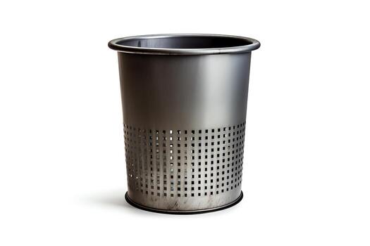 Create a photorealistic render of a metal trash can. The trash can should be gray and have a square pattern of holes. The render should be on a transparent background. photo