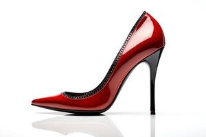 Take a photo of a red stiletto heel from a low angle so that the entire shoe is in focus. The background should be white and the lighting should be soft.