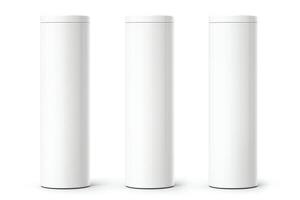 3D rendering of three white cylinders on a white background. The cylinders are of different heights and have a shiny surface. photo