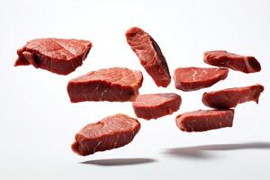 Each piece of a levitating steak depicted individually in highresolution, DiCut style, isolated on a white background, devoid of watermarks, logos, letters, or shadows photo