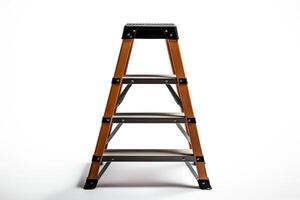 A three-step ladder made of fiberglass. It is orange and black in color. The ladder is lightweight and easy to carry. It is perfect for use around the house or on the job. photo