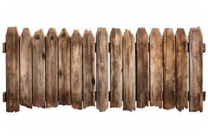A rustic wooden fence with a weathered appearance. The fence is made of vertical planks with pointed tops, and there are gaps between the planks. photo