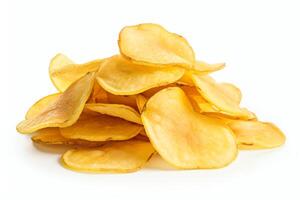 Image generation of a pile of crispy, golden brown potato chips. The chips should be in focus and have a high level of detail. The background should be a solid white color. photo