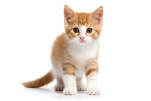Playful kitten with a mischievous look, patches of ginger and white, isolated on a white background, in for creative uses. photo