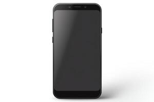 último modelo teléfono inteligente, pulcro negro diseño, desplegado frontalmente, aislado en un blanco fondo, formato, adecuado para tecnología reseñas foto