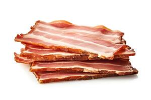 Artisanal bacon slice, showcasing a rustic look, isolated on a white background, format for gourmet food advertising. photo