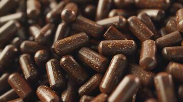 Macro photography of chocolate sprinkles. The sprinkles are brown and have a rough texture. They are piled in a heap. photo