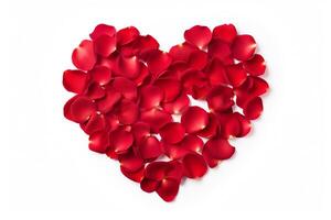 Red rose petals arranged in a heart shape on a white background. The petals are velvety and slightly curled, and the heart is pierced by a single arrow. photo