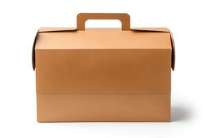 A brown cardboard cake box with a handle on top. The box is closed and has a white background. photo