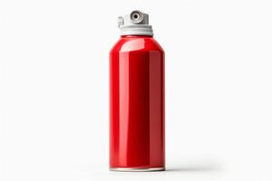 Product photography of a red aerosol spray can on a white background. The can is slightly angled to the right and the nozzle is facing upwards. photo