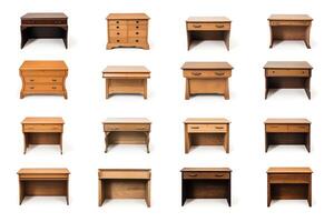 Desks in various styles, from modern to classic, isolated on a clean white background, ideal for office and home study advertisements photo