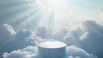 Empty podium floating in the clouds with sun rays shining through. photo