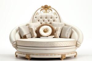 An elegant and luxurious chaise lounge with a tufted backrest and gold accents. Perfect for relaxing in style. photo