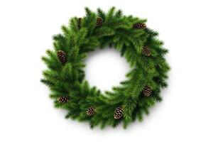 A beautiful wreath made of fresh pine boughs and decorated with pine cones. photo