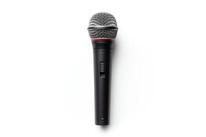 Black professional microphone isolated on white background. Dynamic microphone. Close-up. photo