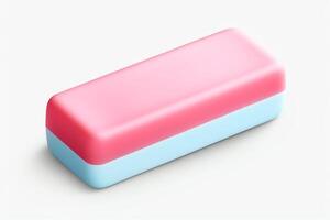A pink and blue rectangular eraser isolated on a white background. The eraser is slightly angled to the right. photo