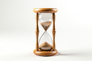An hourglass timer sits on a white surface. The sand is tricking down in the top chamber. Time is running out. photo