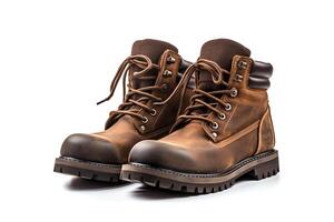 Take a picture of a pair of brown leather boots with dark brown laces against a white background. The boots should be at a 45-degree angle to the ground. photo