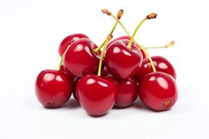 Crisp and shiny red cherries with stems, grouped, clean isolation on a white background, offered in for highquality print. photo