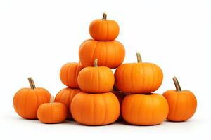 A stack of pumpkins, isolated on a white background. The pumpkins are of various sizes, and the stack is arranged in a pyramid shape. photo