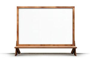 Create a minimal wooden street advertising billboard with a blank white message board and a bench in front of it. The billboard should be isolated on a transparent background. photo