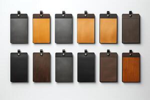 Create a photo of leather and wood business card holders. The holders should be in a variety of colors and styles. The background should be a solid white.