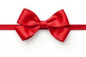 Create a photorealistic image of a red satin bow with a long ribbon photo