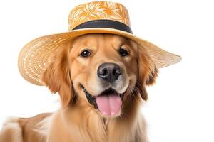 A golden retriever wearing a straw hat is looking at the camera with a happy expression. The dog is sitting in front of a white background. photo