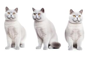 A collage of three images of a British Shorthair cat sitting on a white background. The cat is looking in different directions. photo