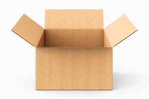 A brown cardboard box is sitting on a white background. The box is open and empty. photo