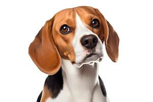 A photo of a beagle looking up with a curious expression on its face.