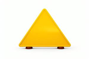 Create a triangular yellow warning sign with a glossy finish. The sign should have a white background and a bold black border. Place the sign on a solid white background. photo
