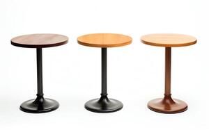Cafe tables in diverse designs, isolated on a white background, perfect for bistro and small restaurant setups photo